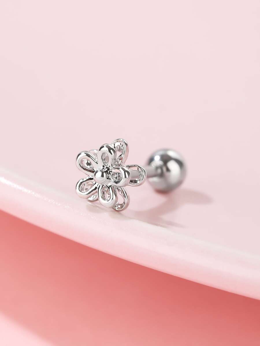 1入組花朵設計耳釘 - 銀色 - 查看 1