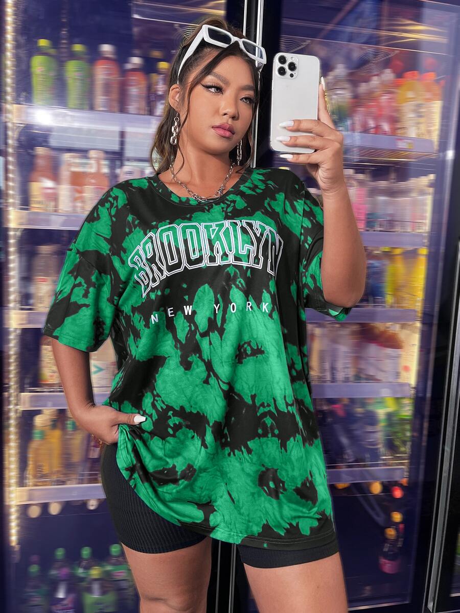 Flirla 大碼字母圖案紮染落肩T恤 - 綠色 - 查看 1