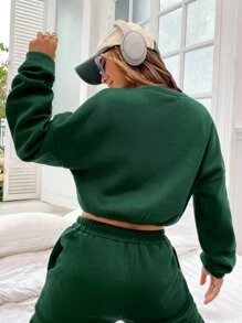 SHEIN Unity 1入組字母圖案落肩袖短款運動衫 - 綠色 - 查看 2