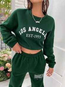 SHEIN Unity 1入組字母圖案落肩袖短款運動衫 - 綠色 - 查看 3