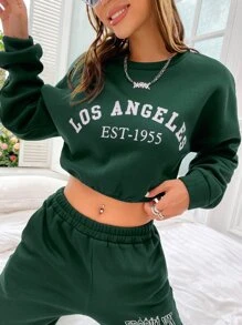 SHEIN Unity 1入組字母圖案落肩袖短款運動衫 - 綠色 - 查看 4