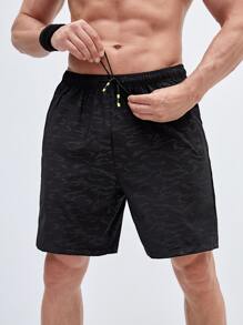 Fitness Men Graphic Print Drawstring Waist Sports Shorts Sweat Pants Black Shorts - Black - View 3