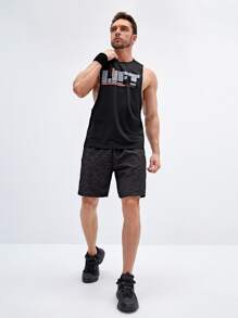 Fitness Men Graphic Print Drawstring Waist Sports Shorts Sweat Pants Black Shorts - Black - View 5