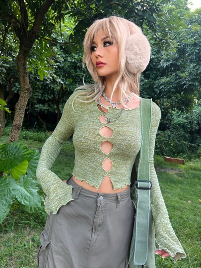 Grunge Cut Out Lettuce Trim Flounce Sleeve Crop Tee