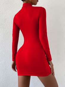 Chiquease 小高領素色緊身連衣裙 - 紅色 - 查看 2