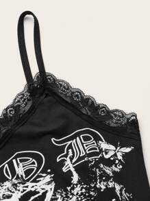 ROMWE Goth Letter Skull Graphic Contrast Lace Ribbed Cami - Black - View 3