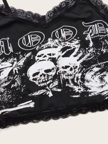 ROMWE Goth Letter Skull Graphic Contrast Lace Ribbed Cami - Black - View 4