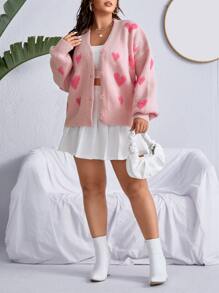 SHEIN Qutie 大碼愛心圖案落肩袖開襟衫 - 淺粉色 - 查看 3