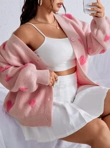 SHEIN Qutie 大碼愛心圖案落肩袖開襟衫 - 淺粉色 - 查看 4