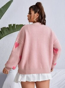 SHEIN Qutie 大碼愛心圖案落肩袖開襟衫 - 淺粉色 - 查看 5