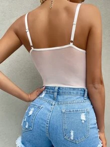 SHEIN Allurite Contrast Mesh Bustier Eyelash Lace Cami Bodysuit For Holiday Party Clothes - White - View 2