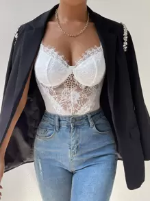 SHEIN Allurite Contrast Mesh Bustier Eyelash Lace Cami Bodysuit For Holiday Party Clothes - White - View 4