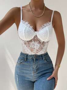 SHEIN Allurite Contrast Mesh Bustier Eyelash Lace Cami Bodysuit For Holiday Party Clothes - White - View 5