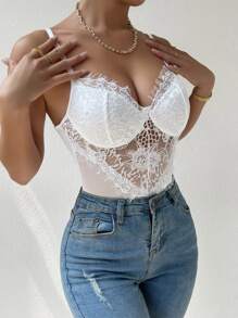 SHEIN Allurite Contrast Mesh Bustier Eyelash Lace Cami Bodysuit For Holiday Party Clothes - White - View 6
