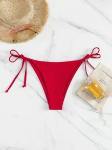 Swim Vcay 2025 Women's Solid Color Bikini Bottom With Tie At Summer Beach - Red - View 3