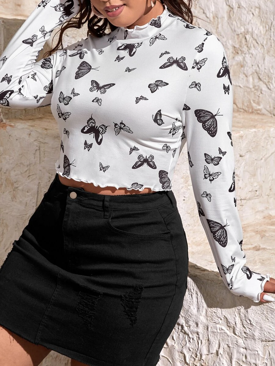 SHEIN EZwear Áo thun Plus size Xù nhỏ Loại bướm Giải trí - trắng - Xem 1