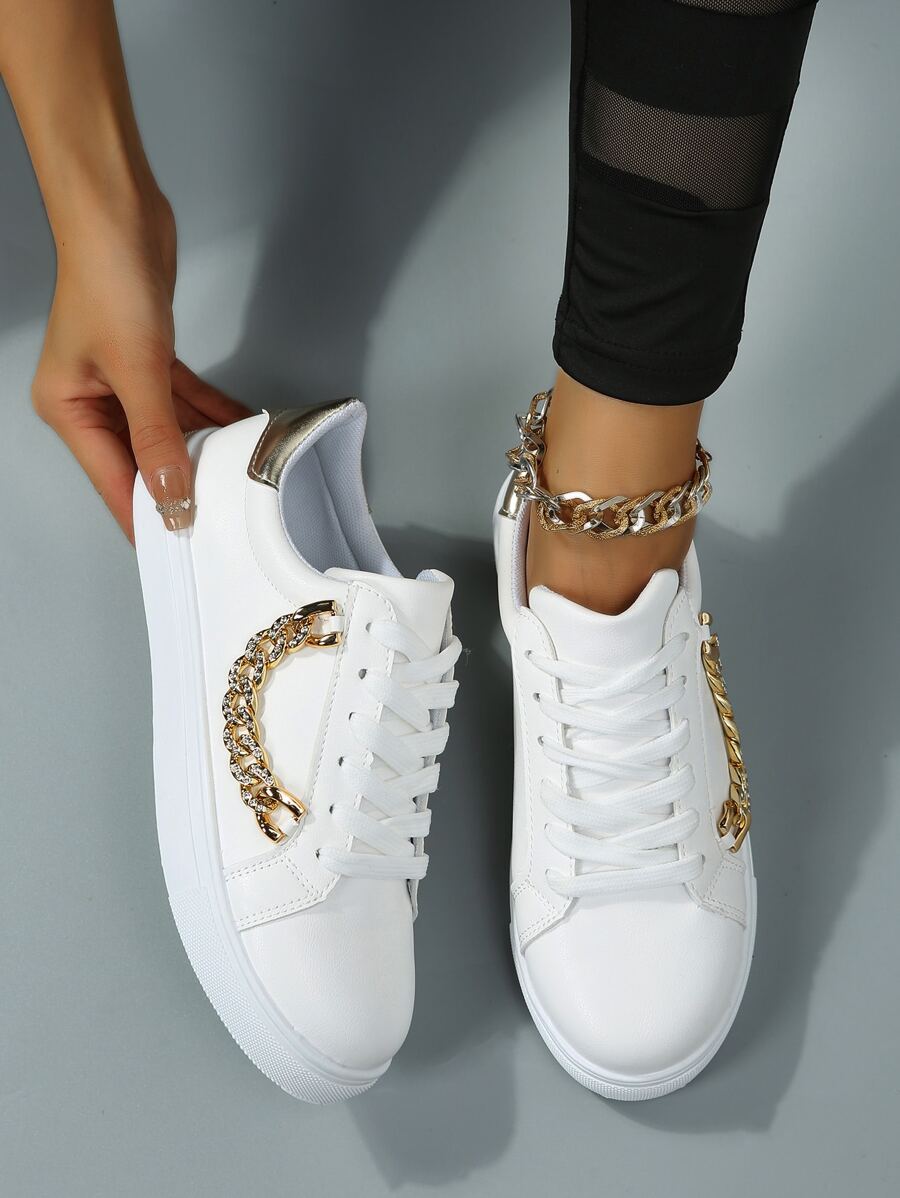 Women Rhinestone & Chain Decor Lace-up Front Skate Casual  Shoes, Fashionable Women's Flat Shoes with Round Toe, White Color, and Sports Wind Casual Shoes, Versatile and Easy to Wear. - White - View 1