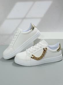 Women Rhinestone & Chain Decor Lace-up Front Skate Casual  Shoes, Fashionable Women's Flat Shoes with Round Toe, White Color, and Sports Wind Casual Shoes, Versatile and Easy to Wear. - White - View 4