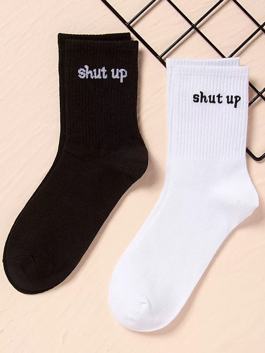 2pairs Slogan Pattern Crew Socks