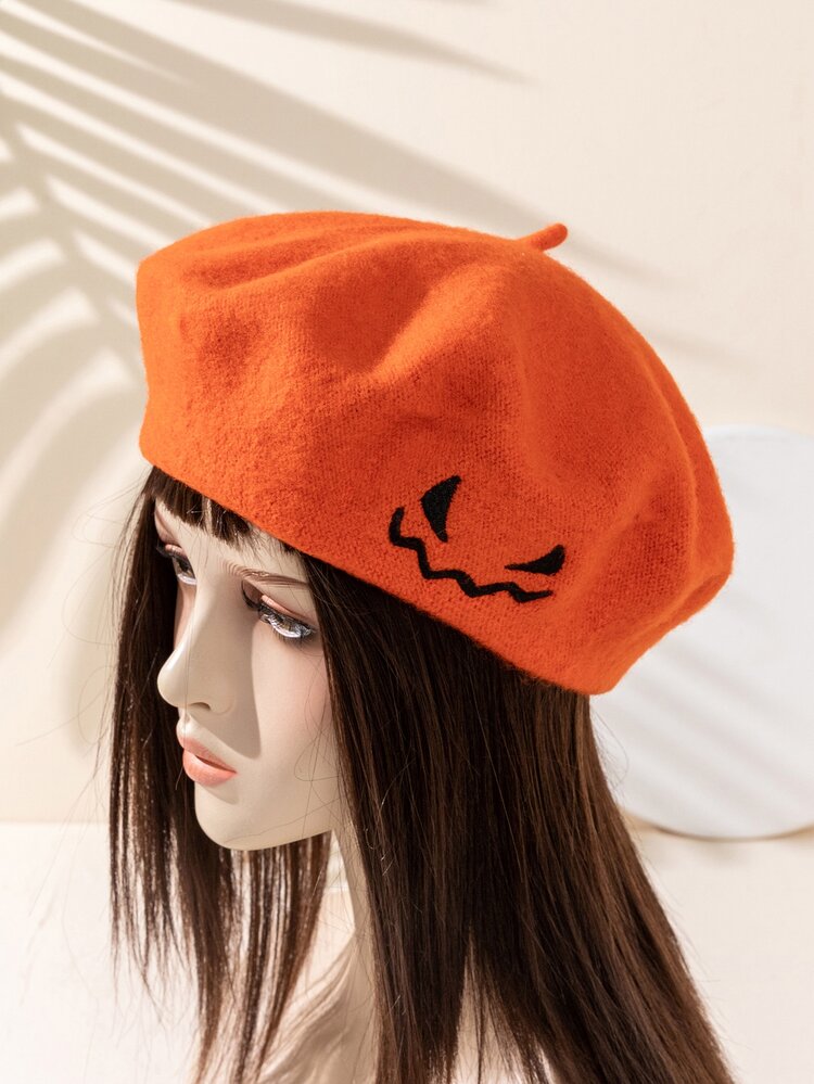 Halloween Pumpkin Embroidery Beret - Orange - View 1