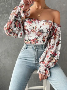 SHEIN SXY Floral Print Off Shoulder Flounce Sleeve Blouse - White - View 1
