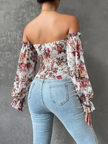 SHEIN SXY Floral Print Off Shoulder Flounce Sleeve Blouse - White - View 2
