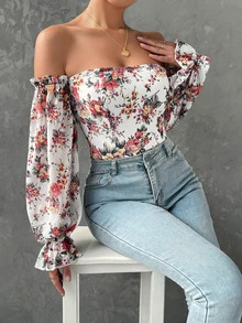 SHEIN SXY Floral Print Off Shoulder Flounce Sleeve Blouse - White - View 3