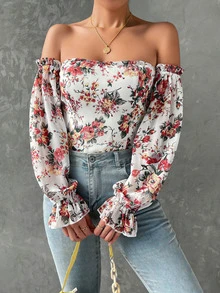 SHEIN SXY Floral Print Off Shoulder Flounce Sleeve Blouse - White - View 4