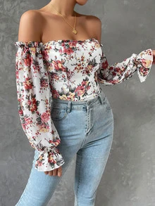 SHEIN SXY Floral Print Off Shoulder Flounce Sleeve Blouse - White - View 5