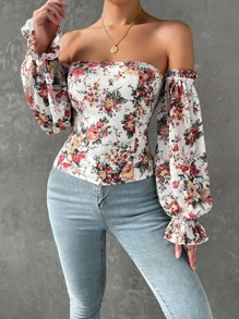 SHEIN SXY Floral Print Off Shoulder Flounce Sleeve Blouse - White - View 6