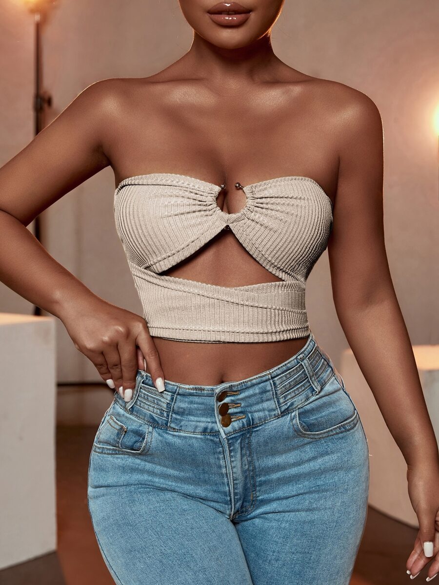 Zolique O-ring Cut Out Front Tube Top - Apricot - View 1