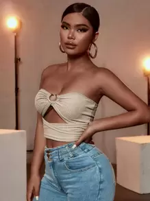 Zolique O-ring Cut Out Front Tube Top - Apricot - View 4