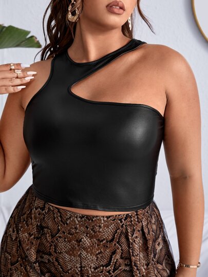 مقاس كبير لباس علوي بدون أكمام ياقة غير متماثل جلد صناعي