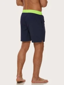 Manfinity KASUA Men Contrast Trim Drawstring Waist Swim Trunks, Hawaiian - Navy Blue - View 4