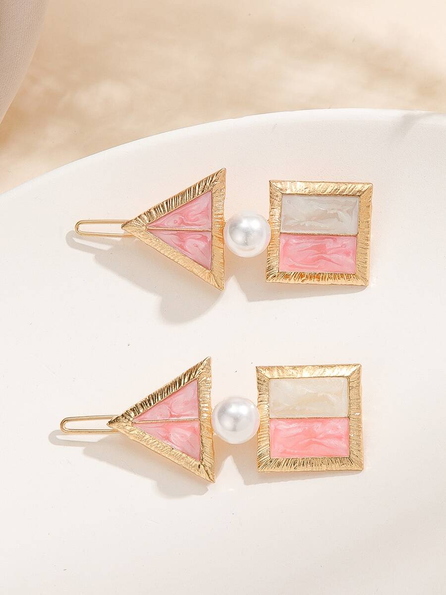 2pcs Geometric & Faux Pearl Decor Minimalist Hair Clip - Multicolor - View 1