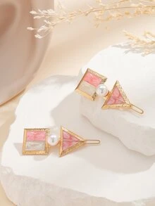 2pcs Geometric & Faux Pearl Decor Minimalist Hair Clip - Multicolor - View 2