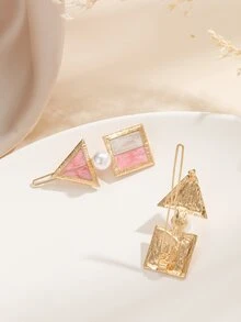 2pcs Geometric & Faux Pearl Decor Minimalist Hair Clip - Multicolor - View 3