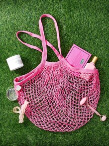 SHEIN Basic living Reusable To-Go Market Filt French Net Mesh Travel Beach Bag—Natural - Pink - View 2