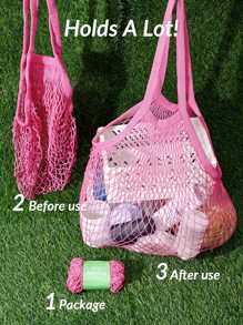 SHEIN Basic living Reusable To-Go Market Filt French Net Mesh Travel Beach Bag—Natural - Pink - View 5