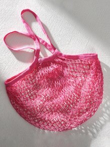 SHEIN Basic living Reusable To-Go Market Filt French Net Mesh Travel Beach Bag—Natural - Pink - View 10