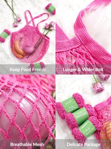 SHEIN Basic living Reusable To-Go Market Filt French Net Mesh Travel Beach Bag—Natural - Pink - View 12