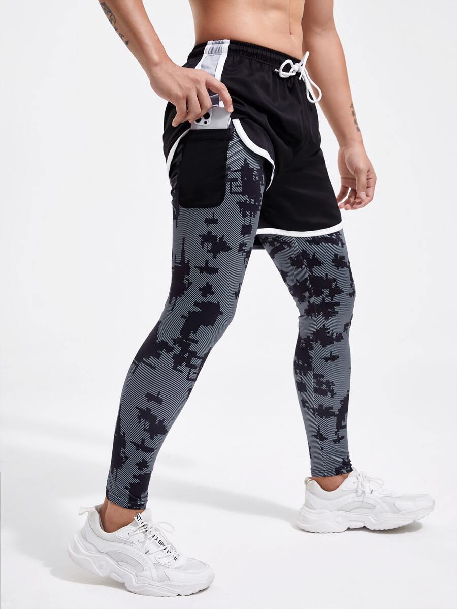 Men Graphic Print Drawstring Waist 2 In 1 Sports Trousers With Phone Pocket - Black - View 1