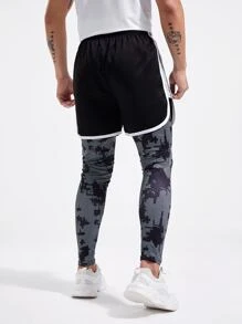 Men Graphic Print Drawstring Waist 2 In 1 Sports Trousers With Phone Pocket - Black - View 2