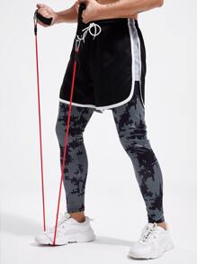 Men Graphic Print Drawstring Waist 2 In 1 Sports Trousers With Phone Pocket - Black - View 3