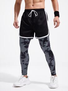 Men Graphic Print Drawstring Waist 2 In 1 Sports Trousers With Phone Pocket - Black - View 4