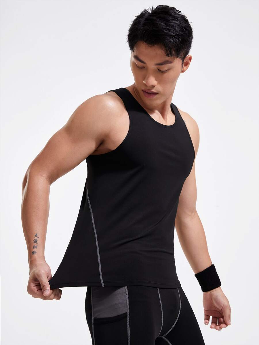 SHEIN Fitness Boyfriend Style Men Solid Sports Tank Top Tank Top Pack - Black - View 1