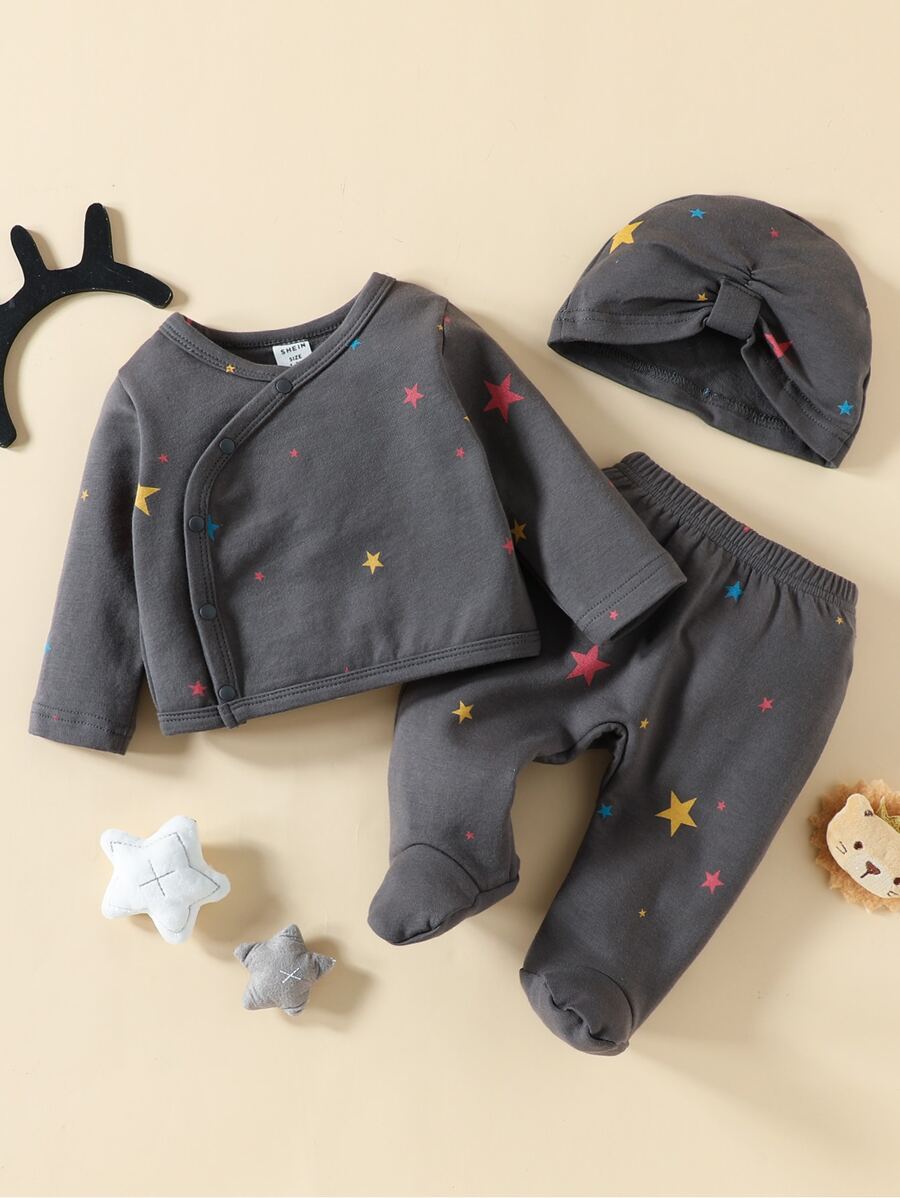 Baby Star Print Sleep Top & Footed Sleep Trousers - Dark Grey - View 1