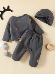 Baby Star Print Sleep Top & Footed Sleep Trousers - Dark Grey - View 2