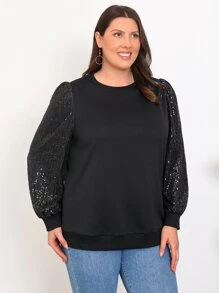 EMERY ROSE Sudadera con lentejuela en contraste de manga obispo - Negro - Ver 4