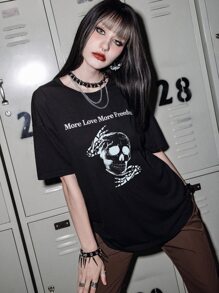 ROMWE Grunge Punk Áo thun nữ Lễ Các Thánh Slogan Giải trí - màu đen - Xem 1